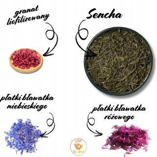 Herbata Zielona Liściasta Sencha "Kwiat Granatu" 100g z granatem