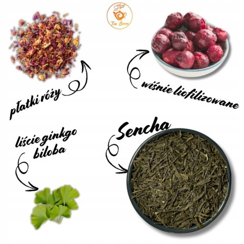 Herbata Zielona Liściasta Sencha "Sakura" 100g z wiśnią, płatkami róży